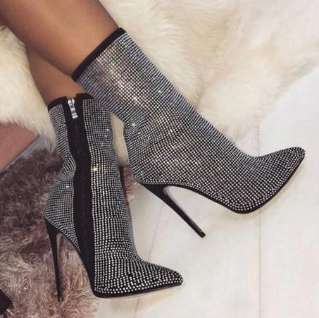 Rhinestone Stiletto Suede Boots