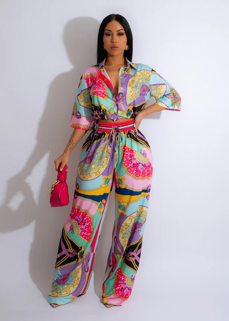 Fan Print Short Sleeve Jumpsuit