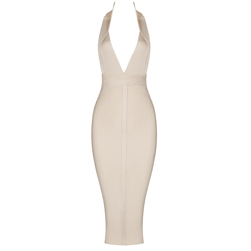 Nevaeh Halter Deep Plunge Bandage Midi Dress