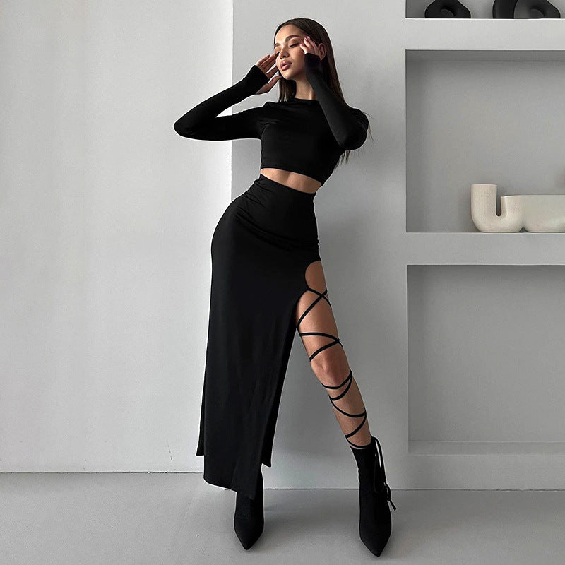 Lace-Up Mid-Length Skirt Set