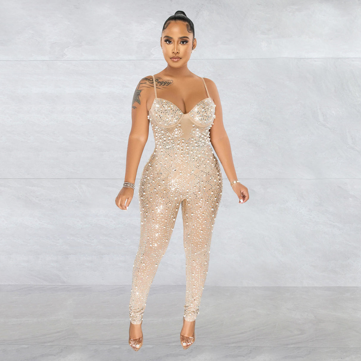 Rhinestone Mesh Sleeveless Trousers Jumpsuit