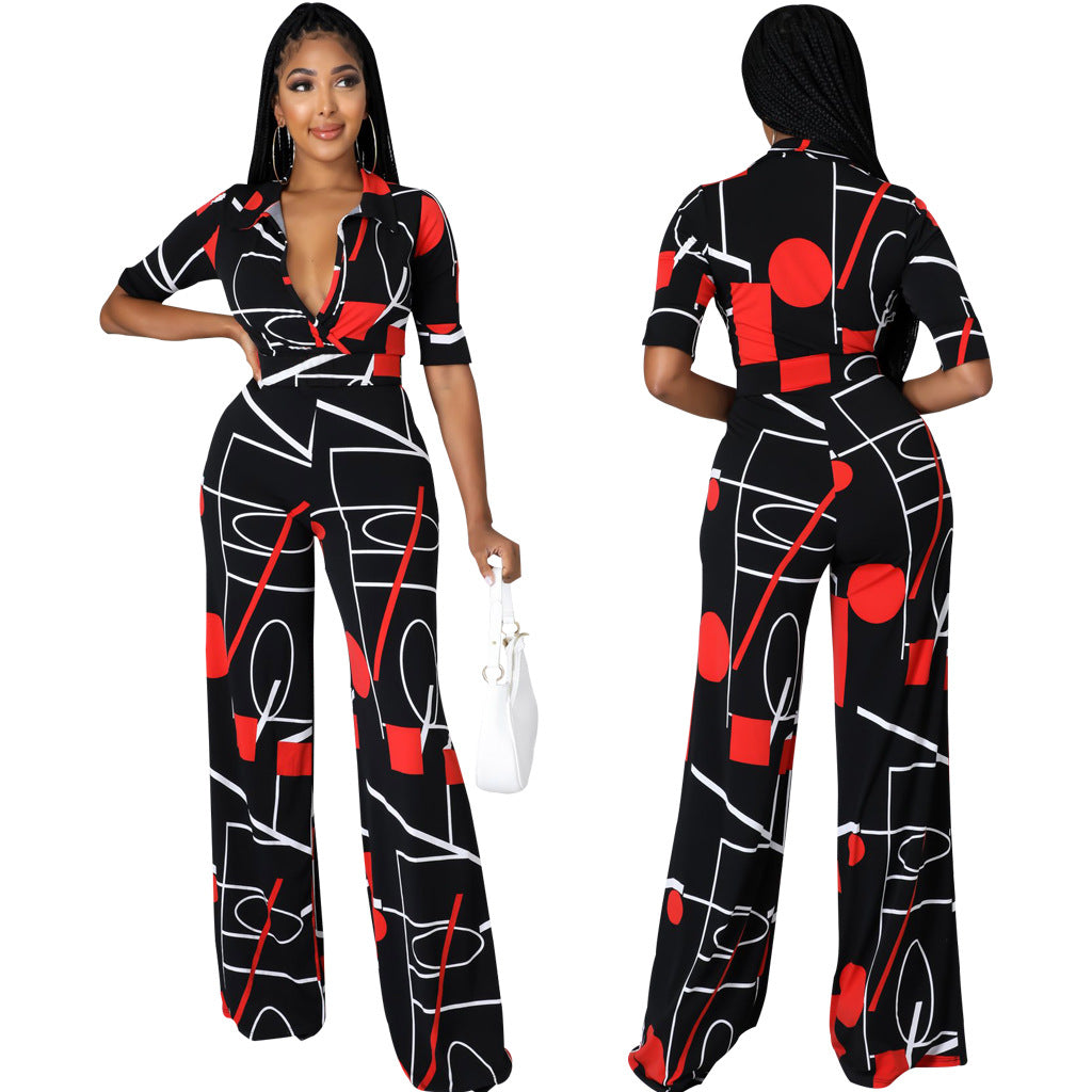 Fashion Print V-Neck Wide Leg Jumpsuit