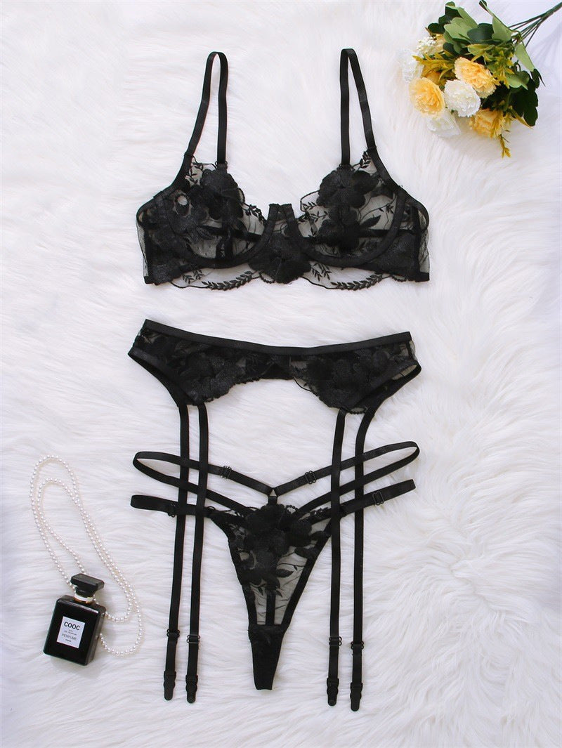 Black Grid Three-Piece Lingerie Garter Set