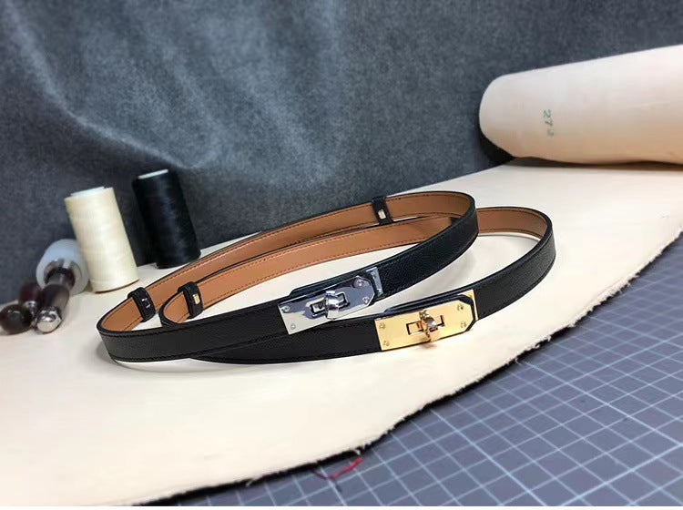 Sleek Rotating Buckle Leather Thin Belt