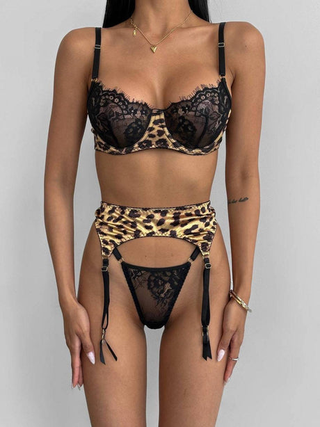 Leopard Print Mesh Three-piece Lingerie Garter Set