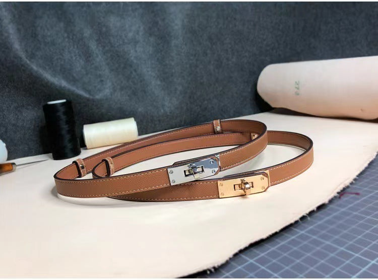 Sleek Rotating Buckle Leather Thin Belt