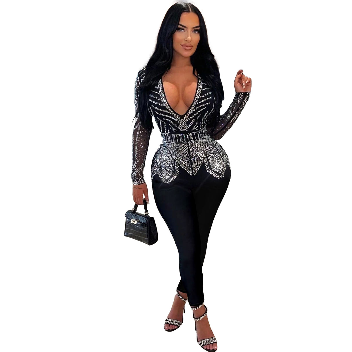 Rhinestone V-neck Stretch Jumpsuit