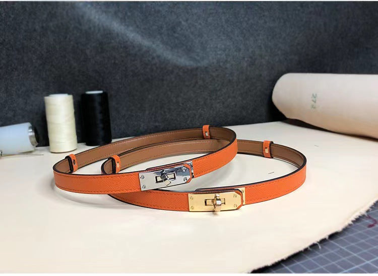 Sleek Rotating Buckle Leather Thin Belt