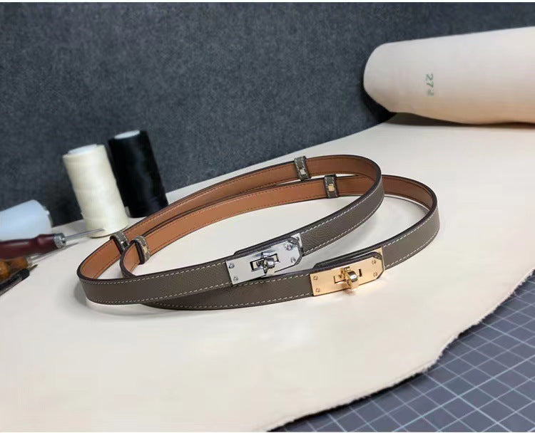 Sleek Rotating Buckle Leather Thin Belt