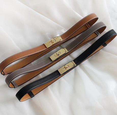 Sleek Rotating Buckle Leather Thin Belt