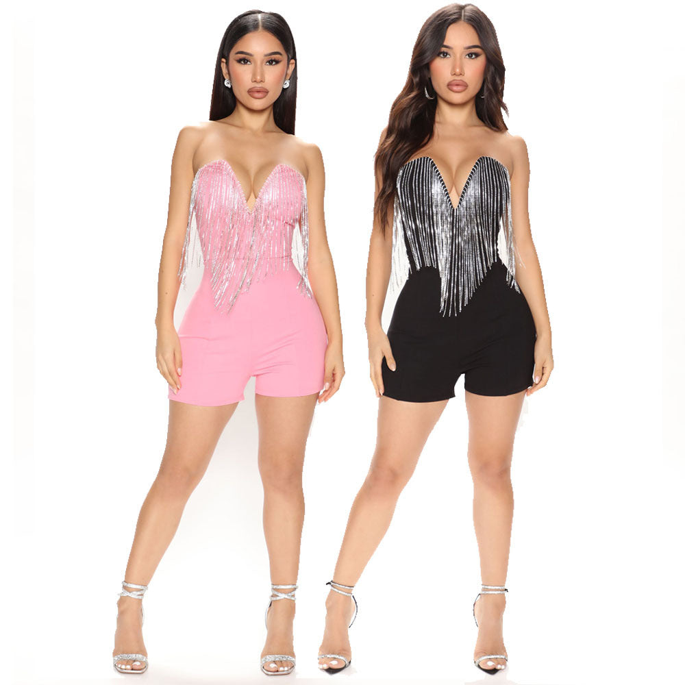 Sophia Crystal Tassel V-Neck Romper