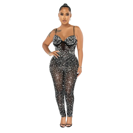 Rhinestone Mesh Sleeveless Trousers Jumpsuit