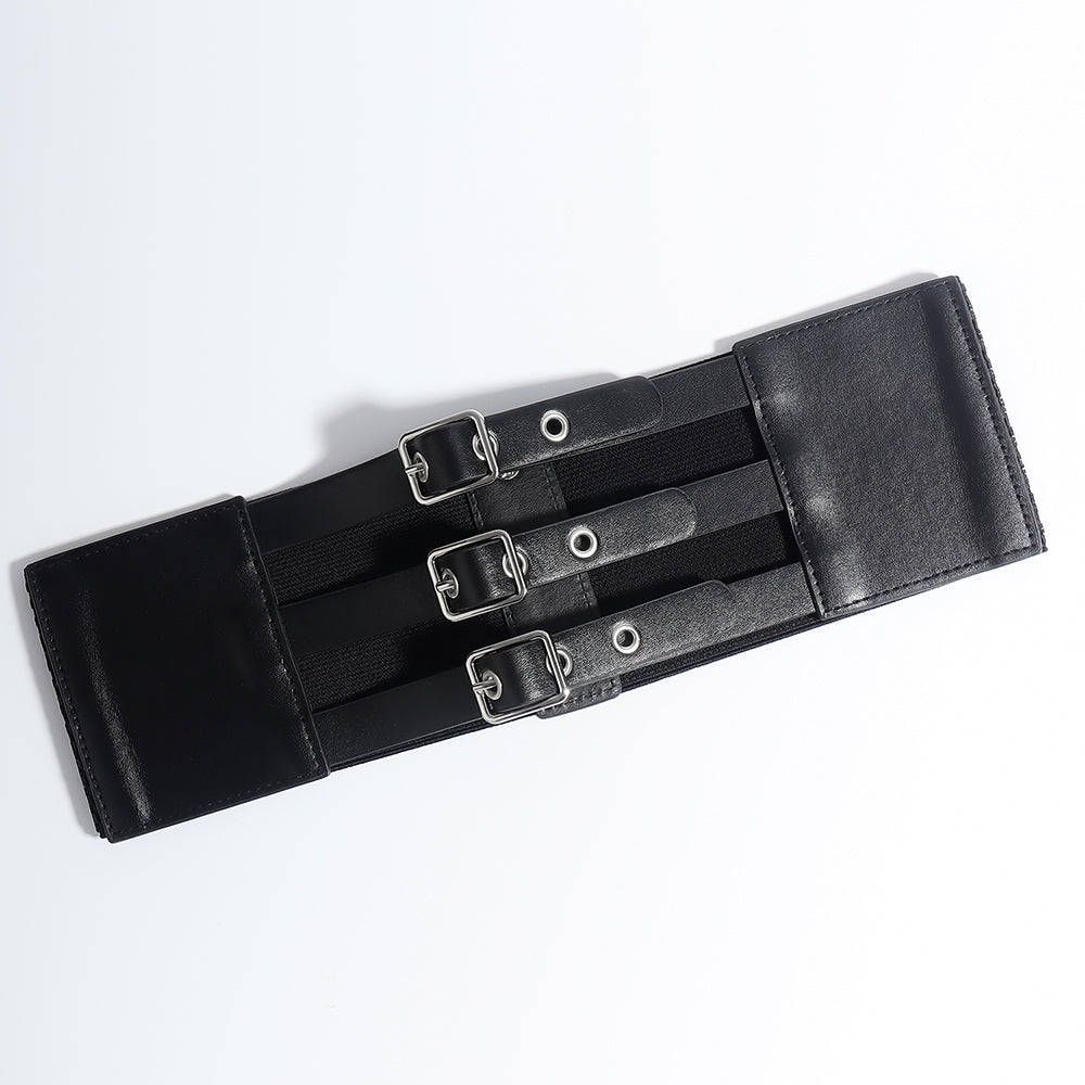 Retro Triple Buckle Elastic Waist Belt