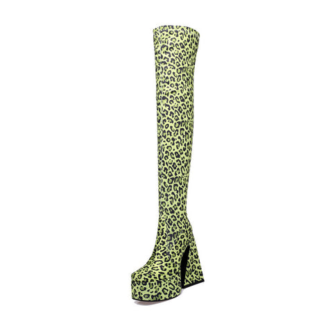 Flirty Leopard Print Chunky Heel Knee High Boots