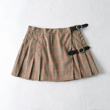 Retro Plaid Pleated Belted Skirt