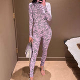 Pink Print Stand-up Collar Slim Fit Jumpsuit