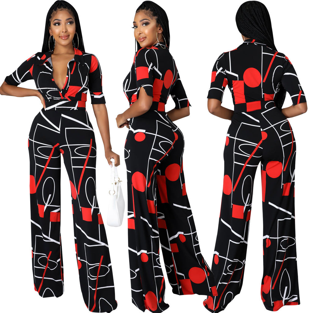 Fashion Print V-Neck Wide Leg Jumpsuit