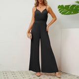 Solid Color V-Neck Suspender Jumpsuit