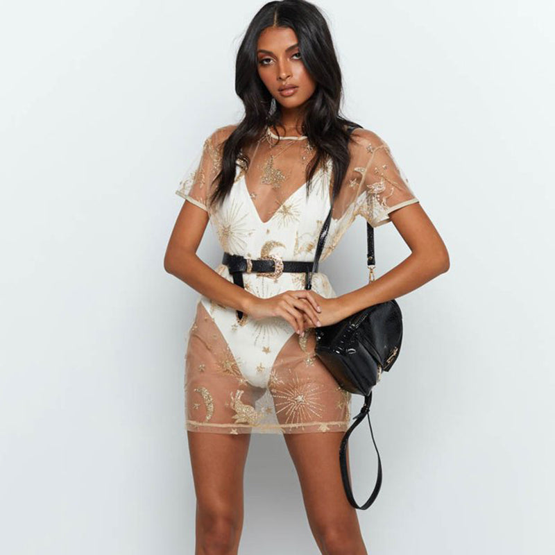 Moon Sheer Short Sleeved Mesh Mini Dress