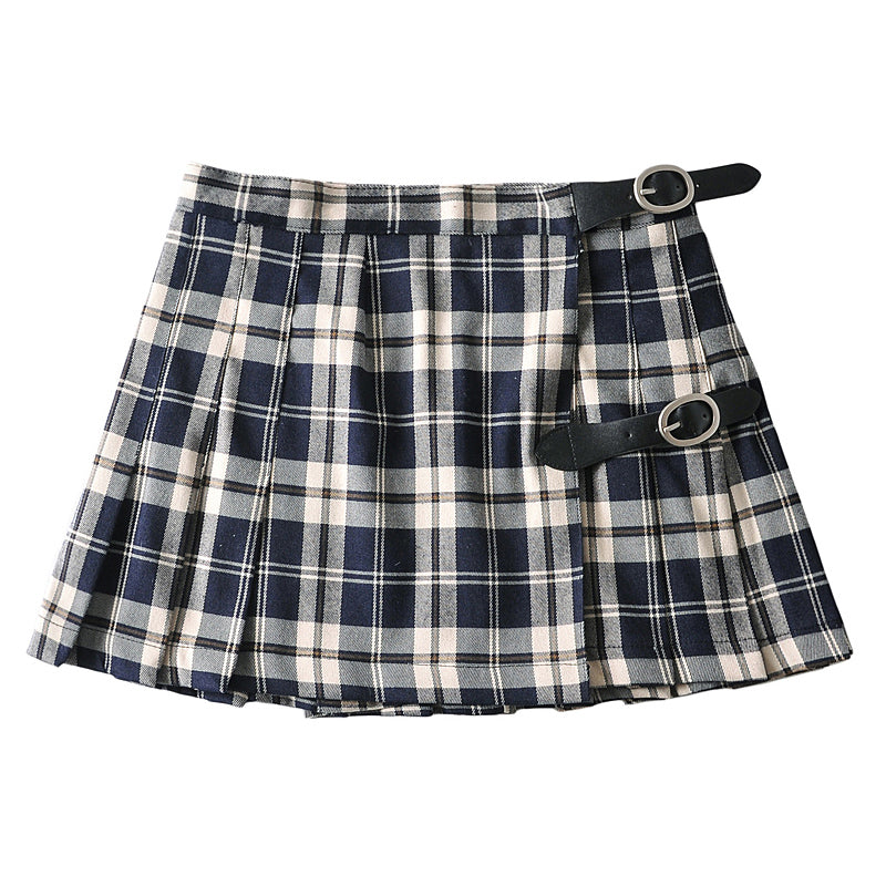 Retro Plaid Pleated Belted Skirt