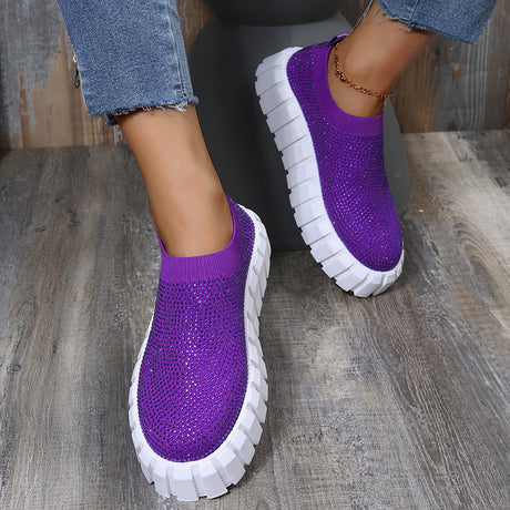 Rhinestone Knit Shoes Breathable Fashion Casual Walking Flats