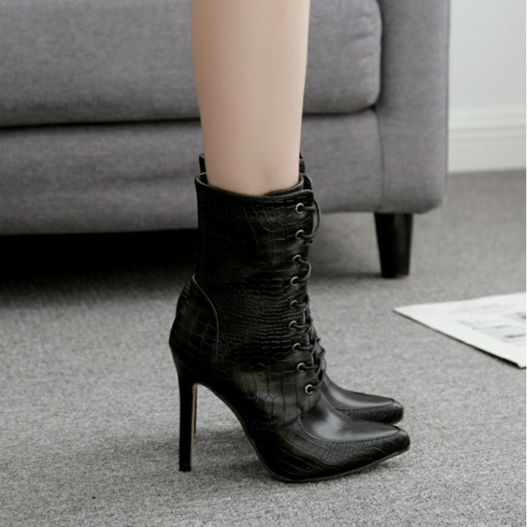 Seductive Serpent Lace-up Pointed-toe Women's Boots