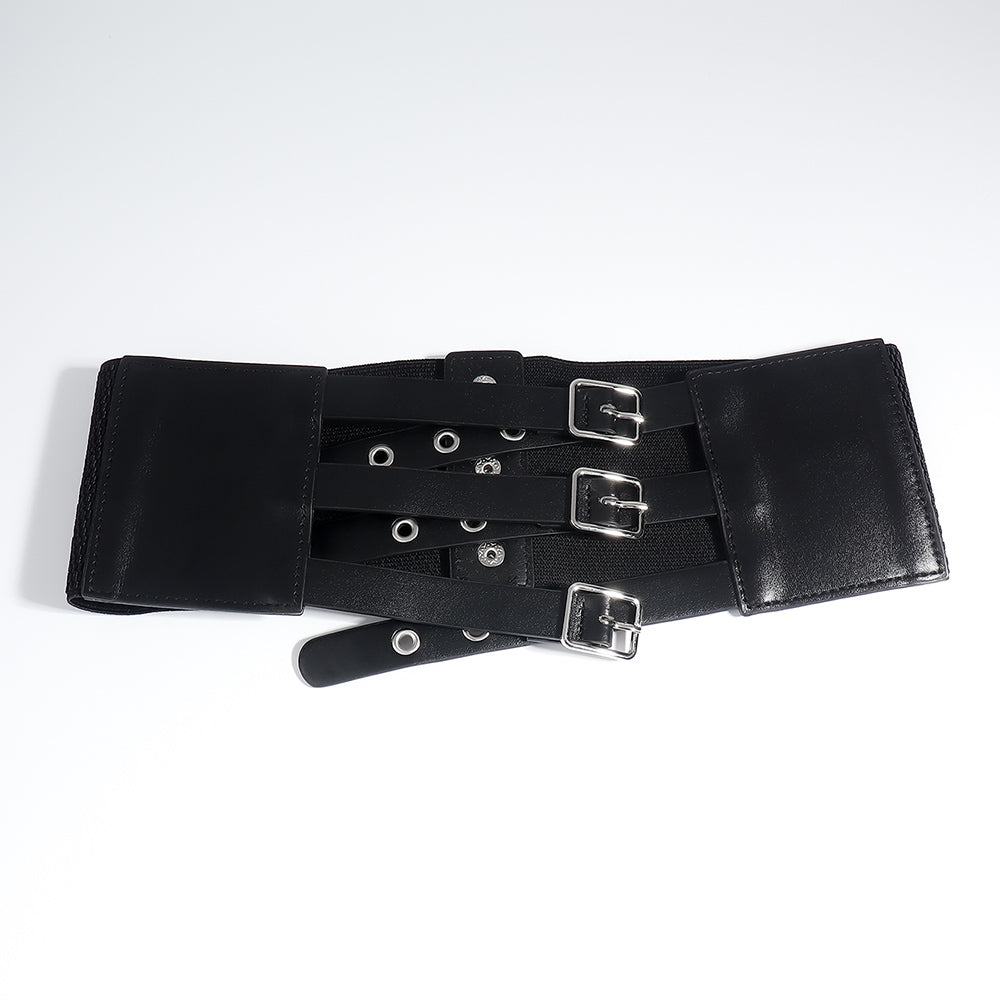 Retro Triple Buckle Elastic Waist Belt