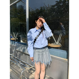 Pleated Denim Color Block Skirt