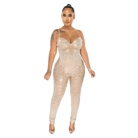 Rhinestone Mesh Sleeveless Trousers Jumpsuit