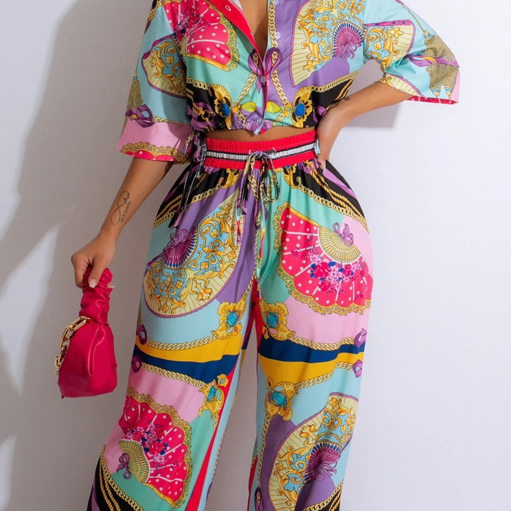 Fan Print Short Sleeve Jumpsuit