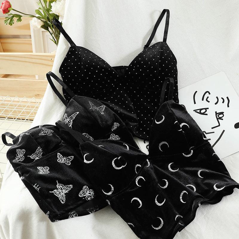 Gold Dot Bow Velvet Sling Bra