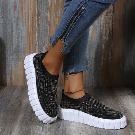 Rhinestone Knit Shoes Breathable Fashion Casual Walking Flats