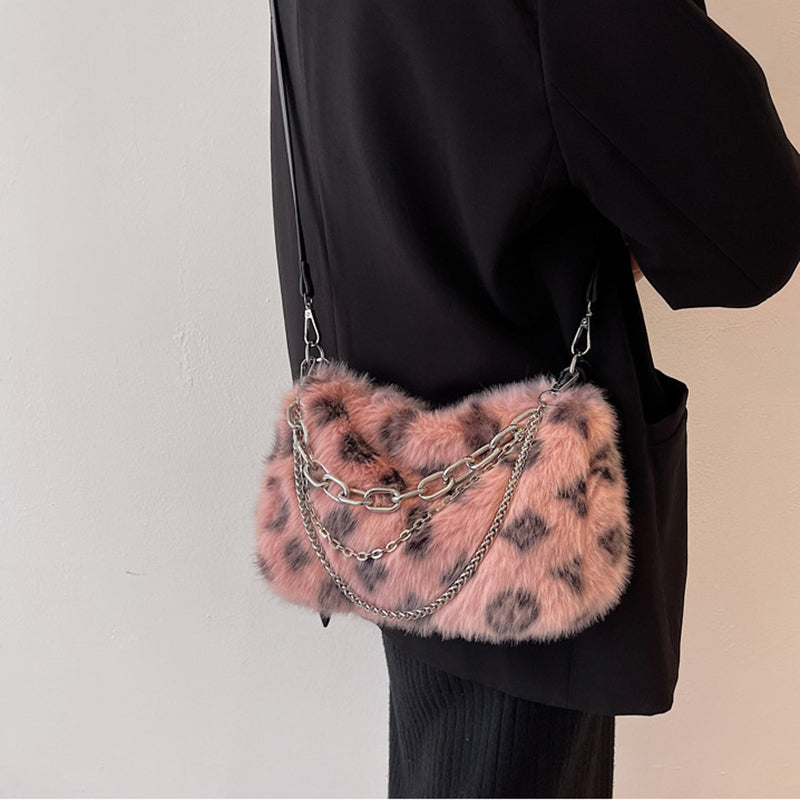 Floral Plush Chain Shoulder Bag