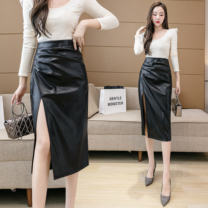 Pleated Leather Maxi Skirt