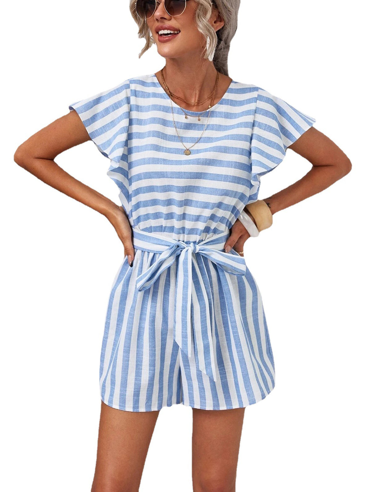 Ella Striped Fly Sleeve Belted Blue Romper