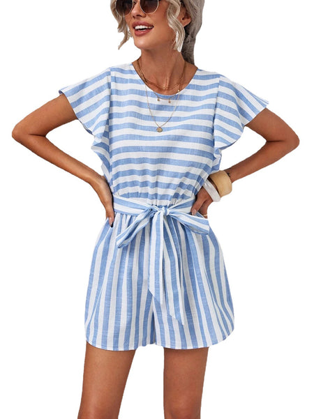 Ella Striped Fly Sleeve Belted Blue Romper