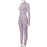 Pink Print Stand-up Collar Slim Fit Jumpsuit